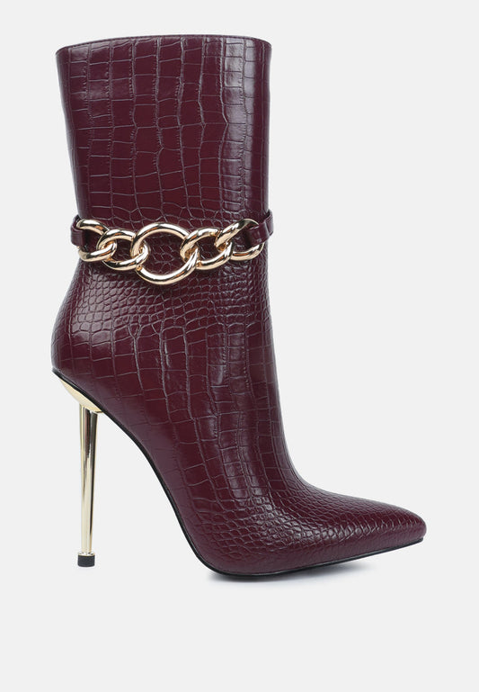 Croc Patterned High Heeled Ankle Boots
