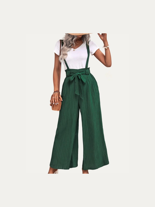 Hunter Green Belted Textured Wide-Leg Overalls front person.png